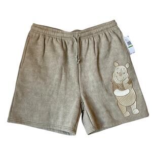 Disney Embroidered Winnie The Pooh Sweat Shorts Women L Taupe Elastic Waist NWT